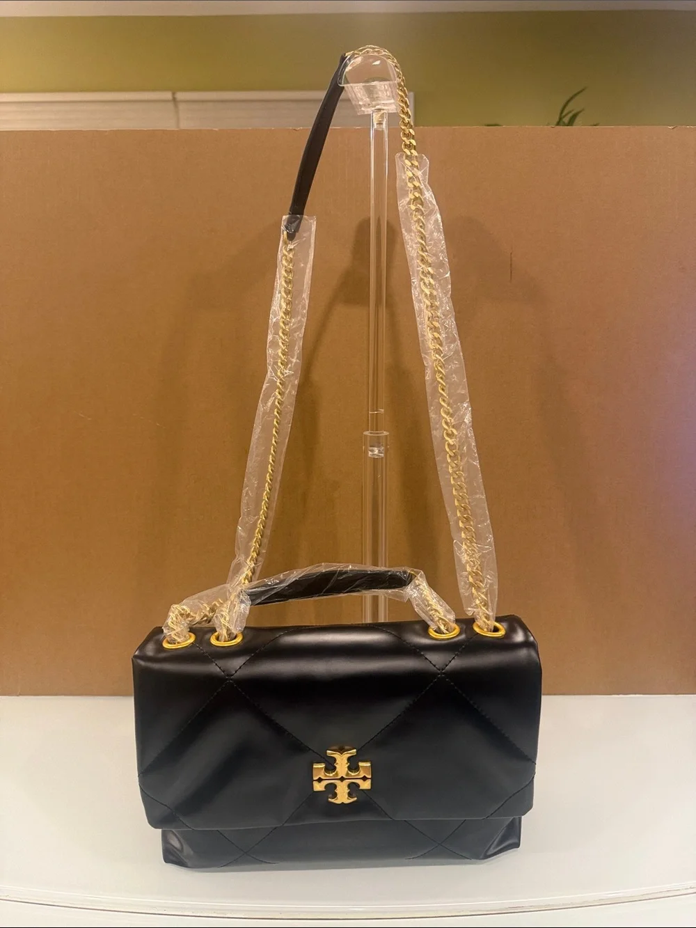 Tory Burch Black Quilted Leather Shoulder Bag with Gold Logo Chain